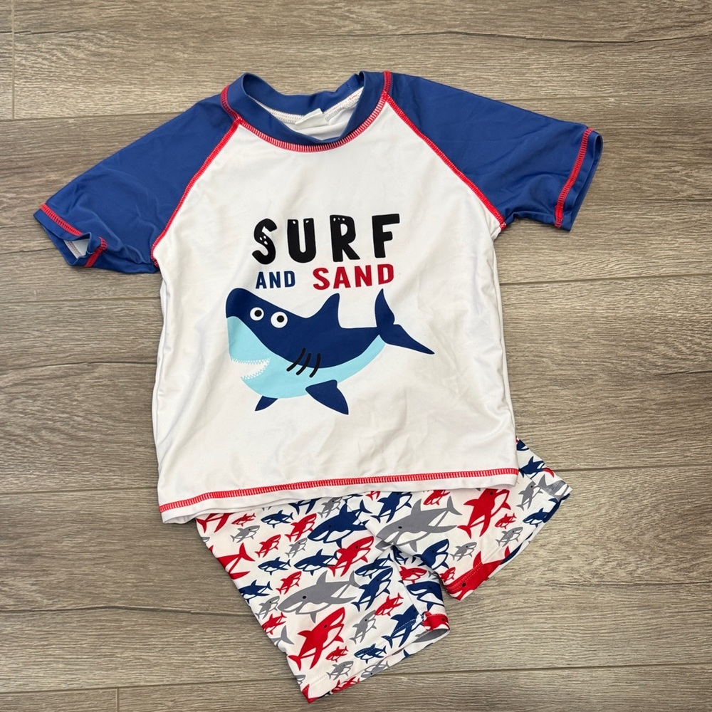 Surf and Sand Kids Shark Rashguard and Short Set - Blue, White, and Red